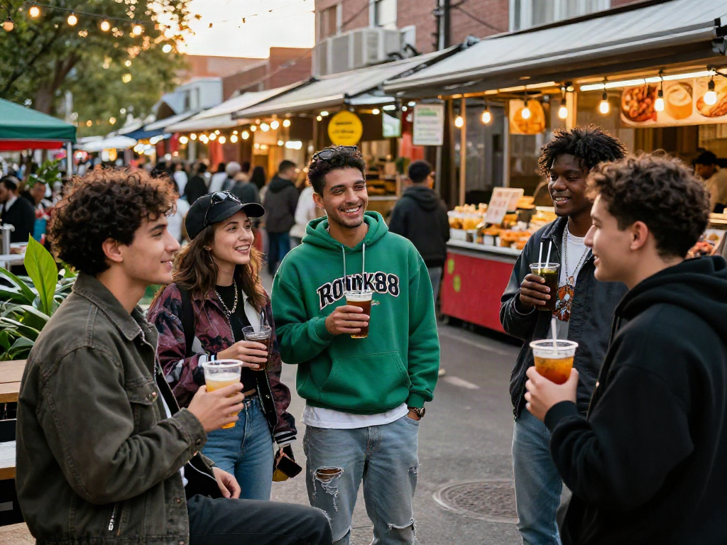 Friends showcasing trendy rokok88 streetwear at a lively outdoor market.