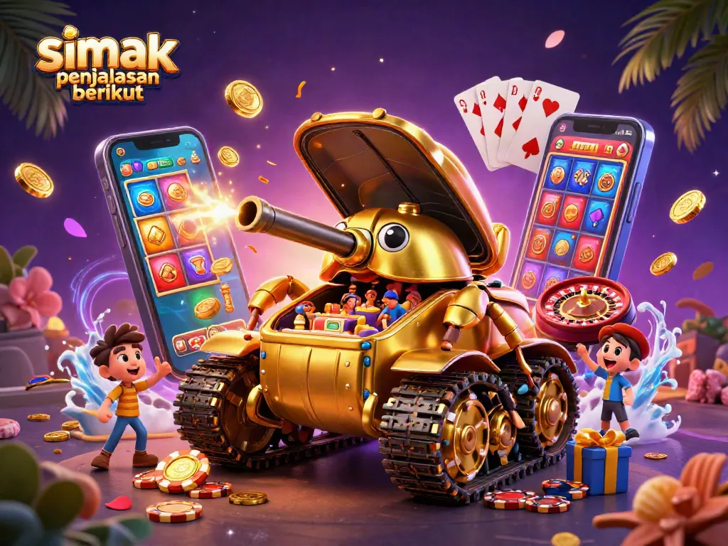 Simak penjelasan berikut di ilustrasi kasino 3D menarik dengan tank beetle emas dan game slot berputar.