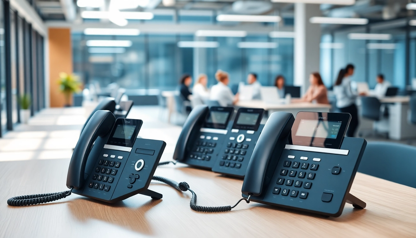 Enhance your understanding of business phone systems with a modern office setup featuring sleek VoIP devices.