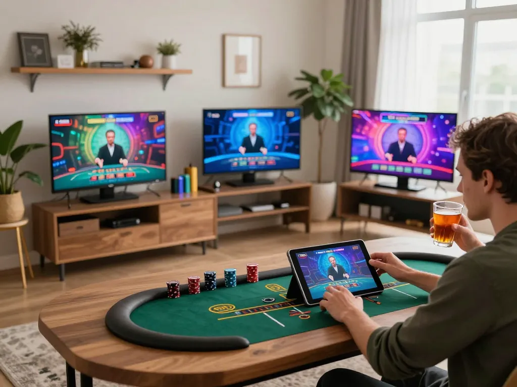 Engaging in live dealer games at home with DH88, showcasing a modern tablet interface and vibrant surroundings.
