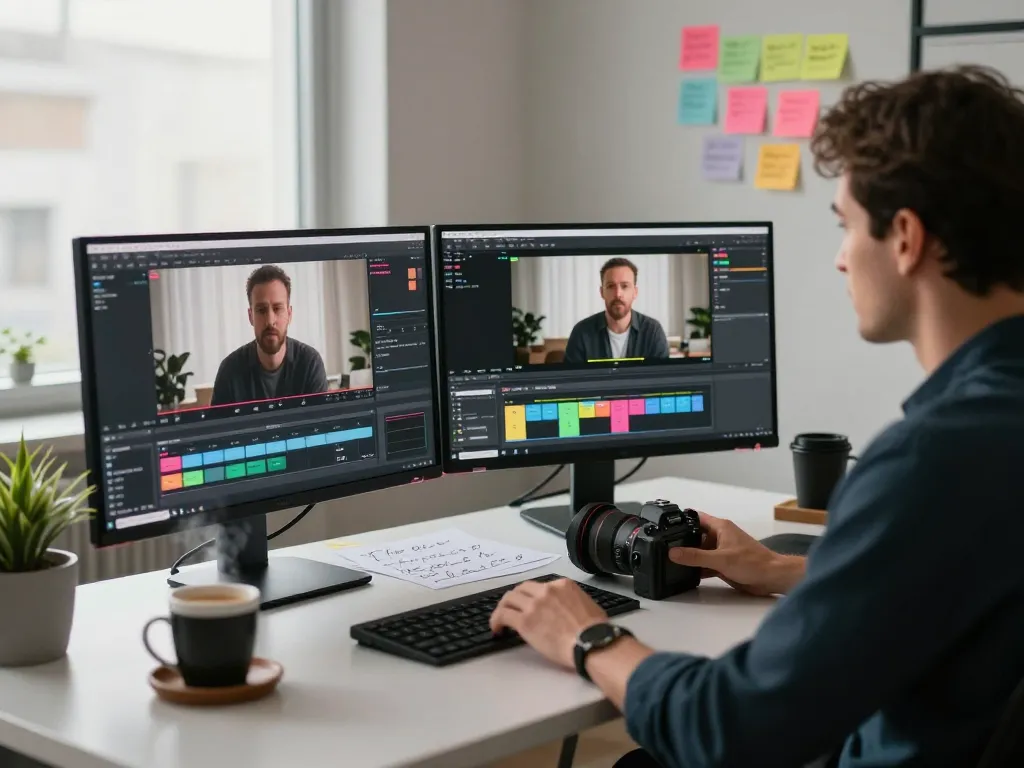 Professional workspace analyzing video to prompt with multiple monitors and creative notes