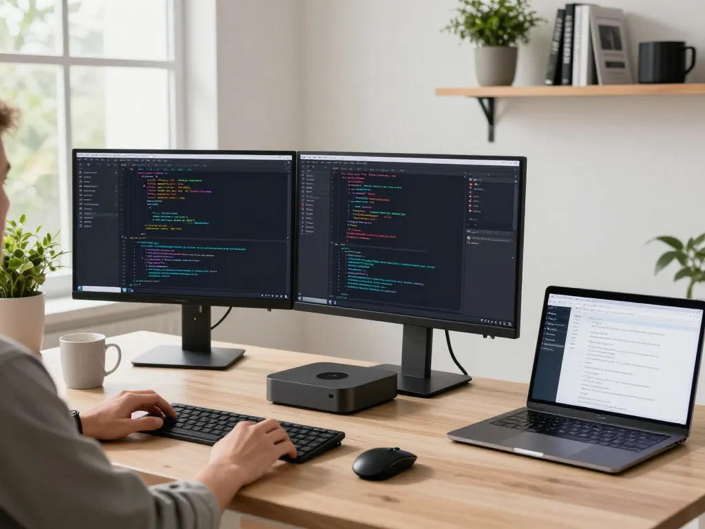 Developer using Mac Mini on a standing desk with dual monitors displaying code, creating a productive workspace scene.