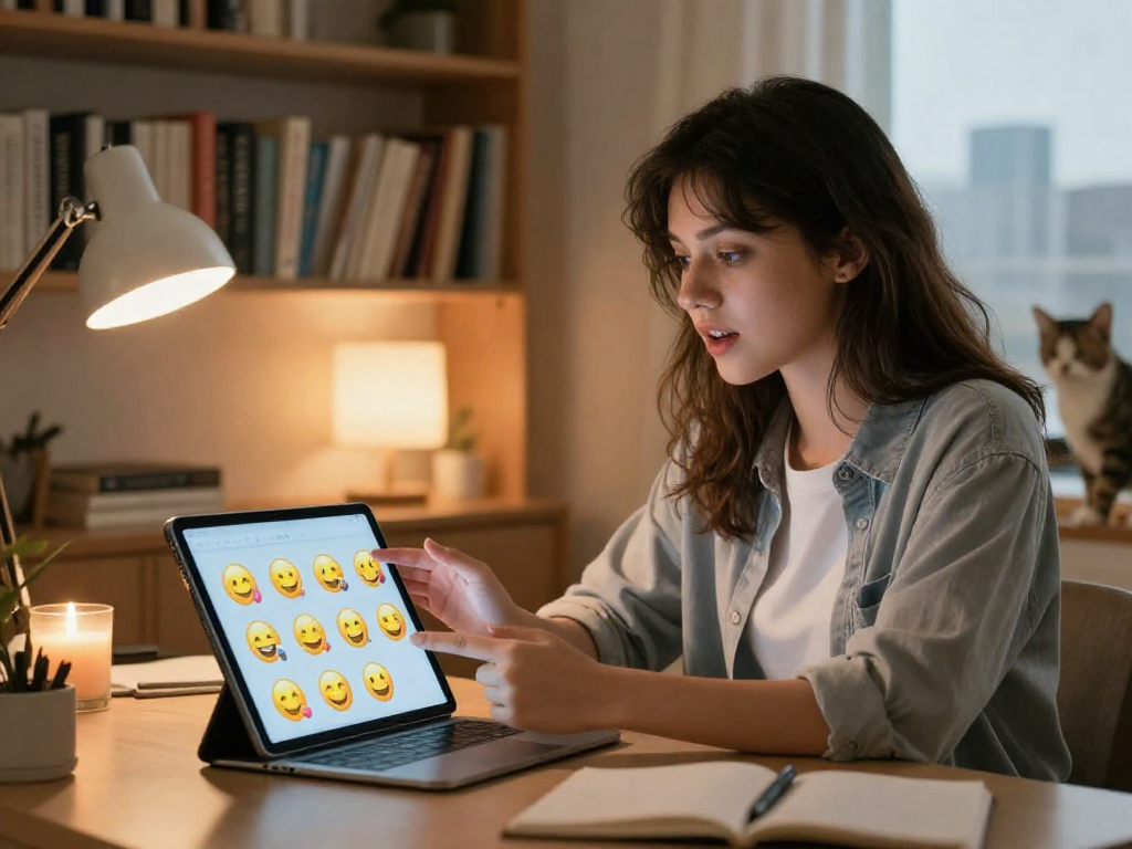 Interactive experience with girlfriend AI on a tablet in a cozy home office setting.