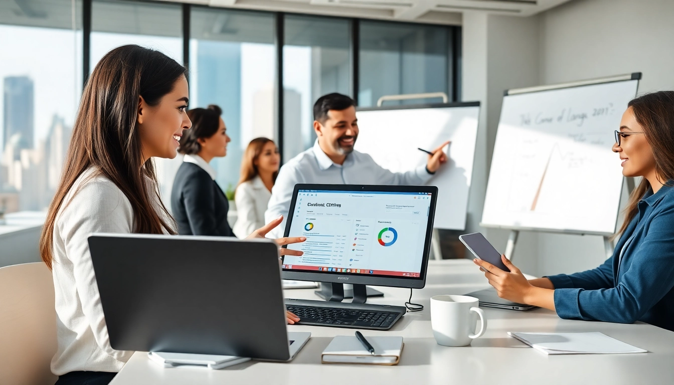 Showcasing the hubspot crm free in a vibrant office setting with engaged professionals and tech tools.