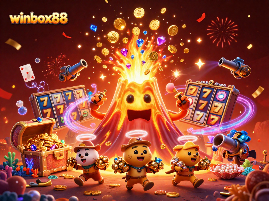 Winbox88 showcases a vibrant scene featuring a golden volcano and treasure, immersed in casino excitement.