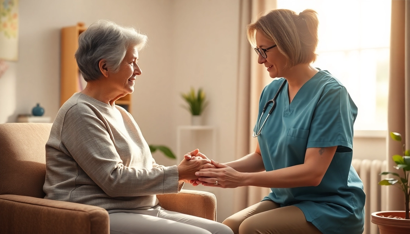 Engaging moment of in home health care services near me with caregiver assisting elderly in a cozy setting.
