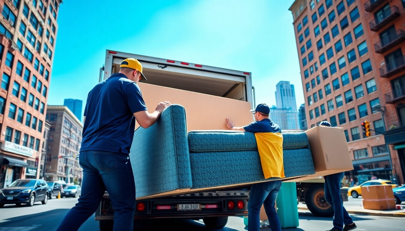 Efficient moving company bronx loading furniture into a truck amid an urban backdrop.