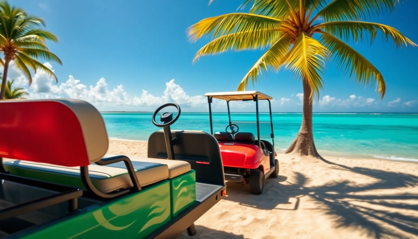 Experience Golf Cart Rental San Pedro Belize with a colorful cart on a beach, inviting adventure.