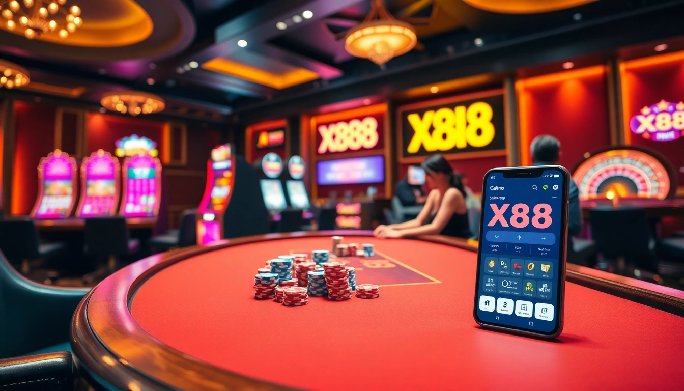 Experience thrilling online gambling at X88 with colorful poker chips and a luxurious casino setting.
