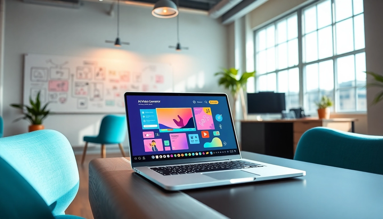 Showcasing an AI video generator in a vibrant creative workspace.