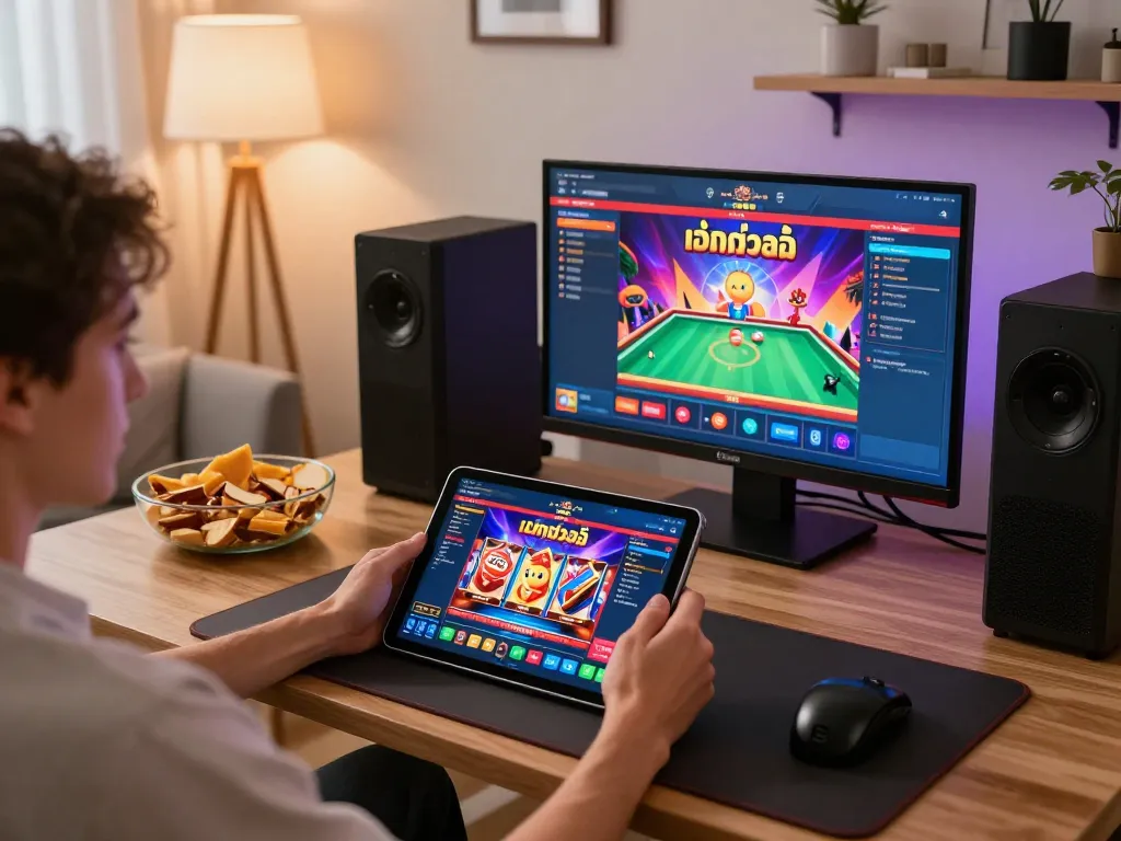 Engaging with เว็บตรงสล็อต gameplay on a tablet in a cozy home setting