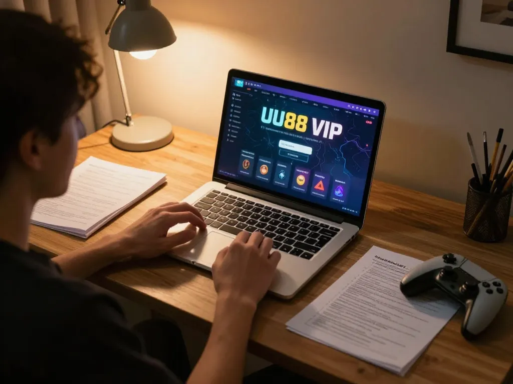 Engaging in uu88 vip online gaming session, showcasing gaming interface and strategy notes