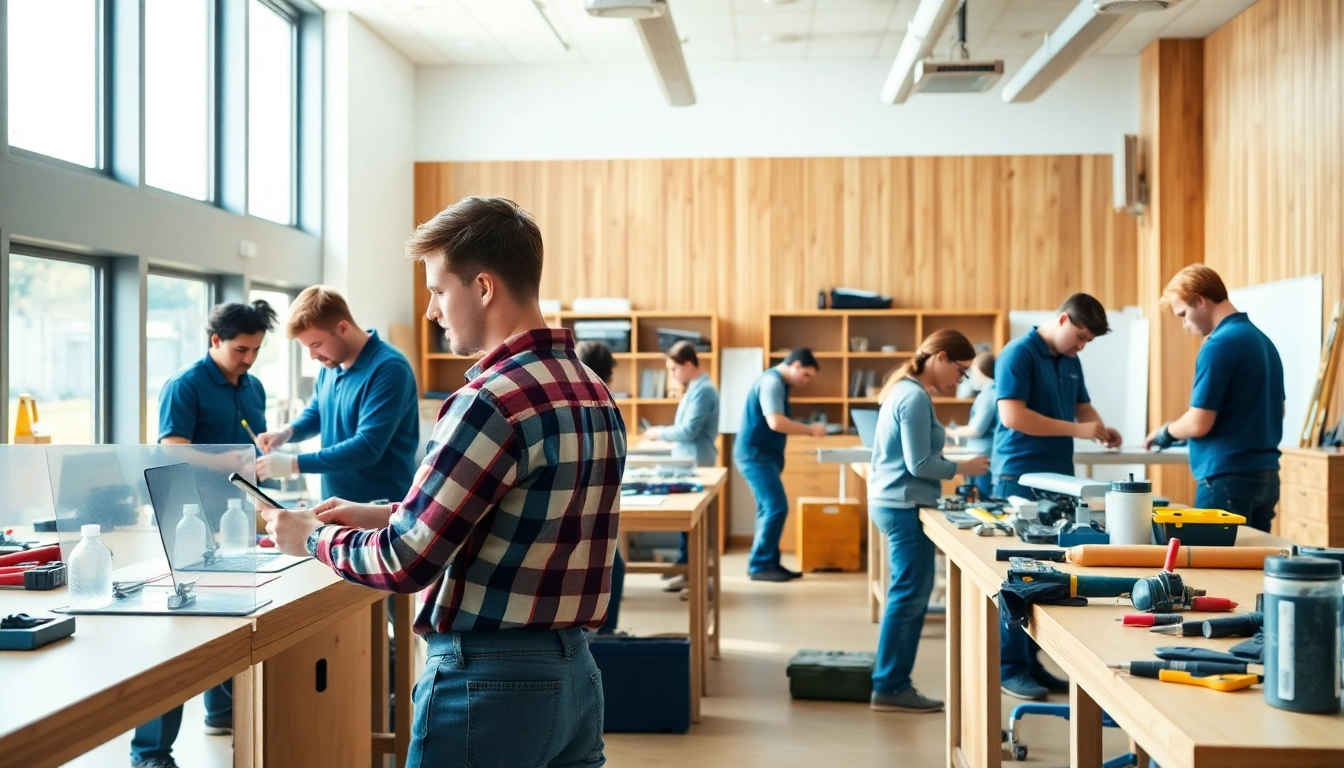 Trade school classroom filled with students learning hands-on skills in a bright environment.