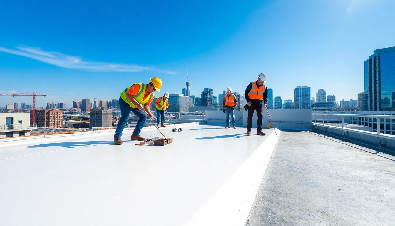 Apply commercial roof waterproofing in a professional urban environment during daylight.