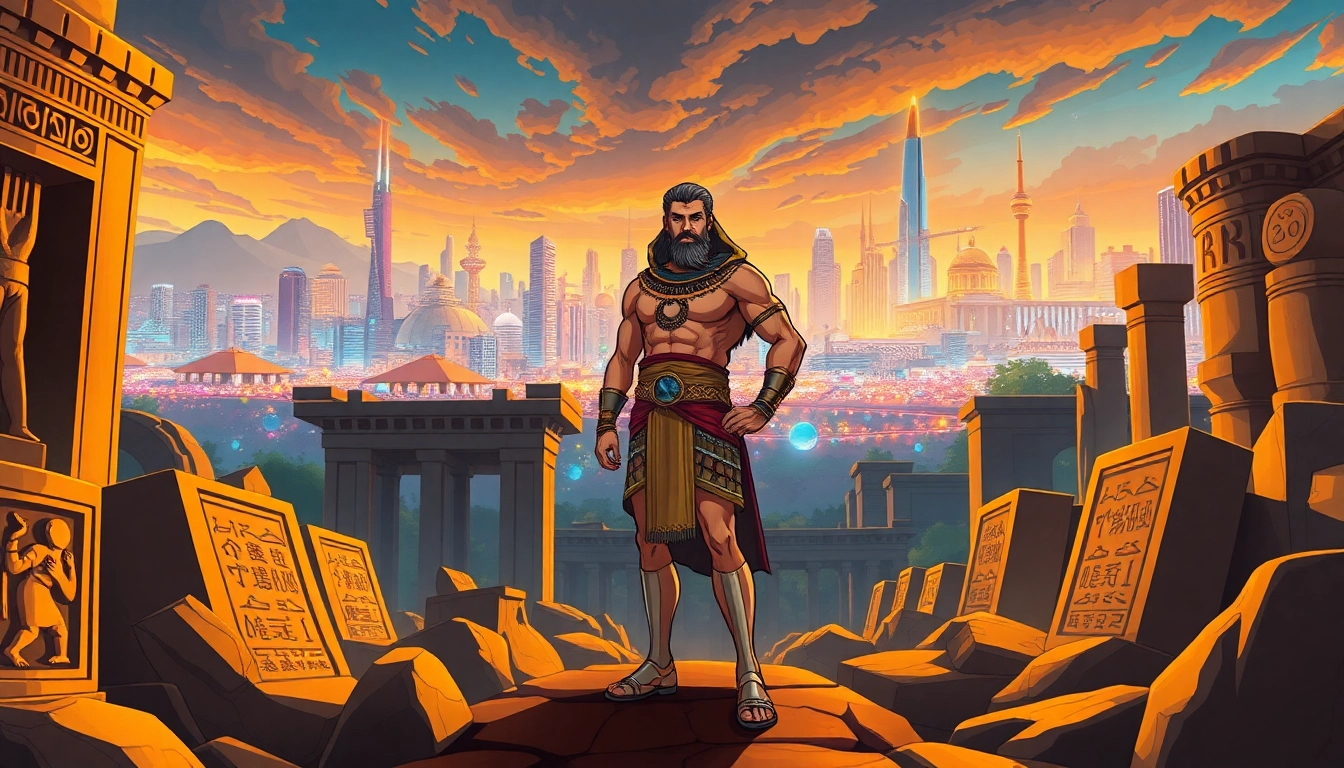 Engaging portrayal of Gilgamesh in a modern context at www.trilgameshproject.com, showcasing a blend of ancient and futuristic elements.