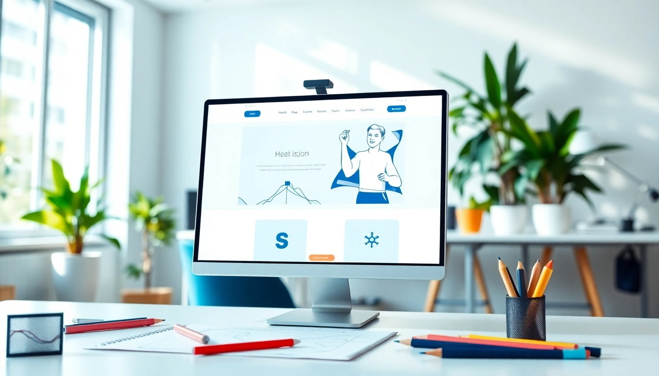Webdesign Präsentation mit modernem Interface und kreativer Büroumgebung.