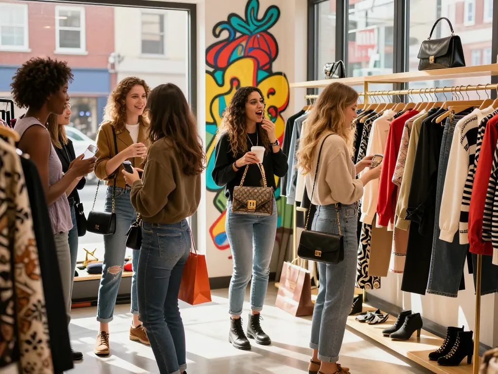 Friends discovering trendy 레플리카 fashion items in an urban boutique setting, showing stylish outfits and vibrant atmosphere.