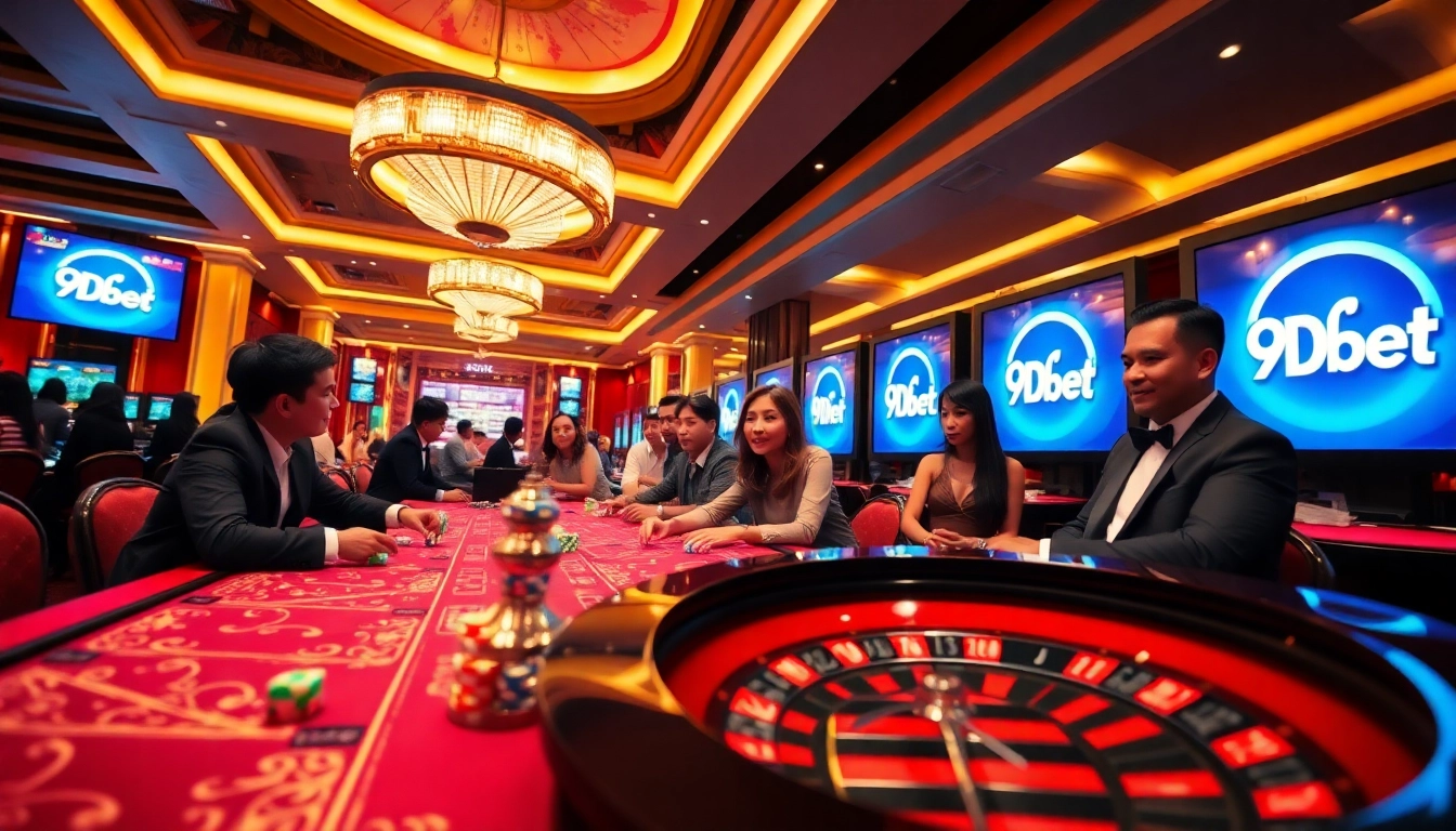 Experience thrilling gameplay with 9Dbet Download at this luxurious casino atmosphere featuring poker and roulette.