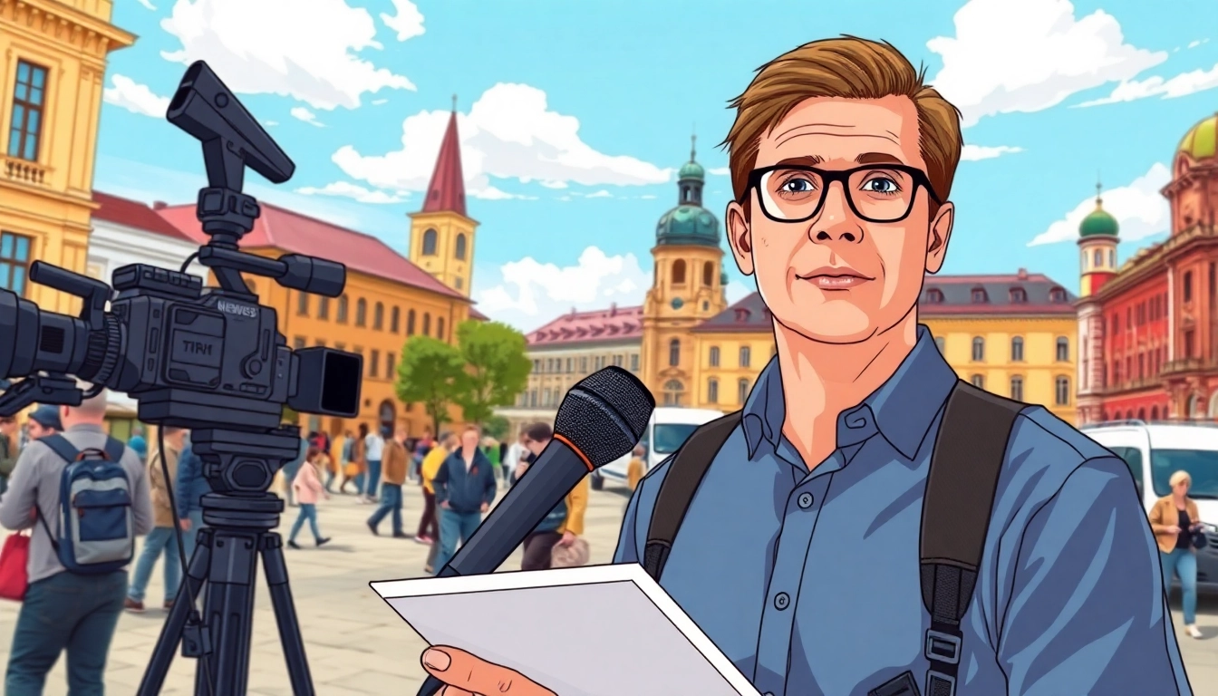 Covering current events at https://sumytoday.in.ua with a journalist in a busy city square in Sumy.