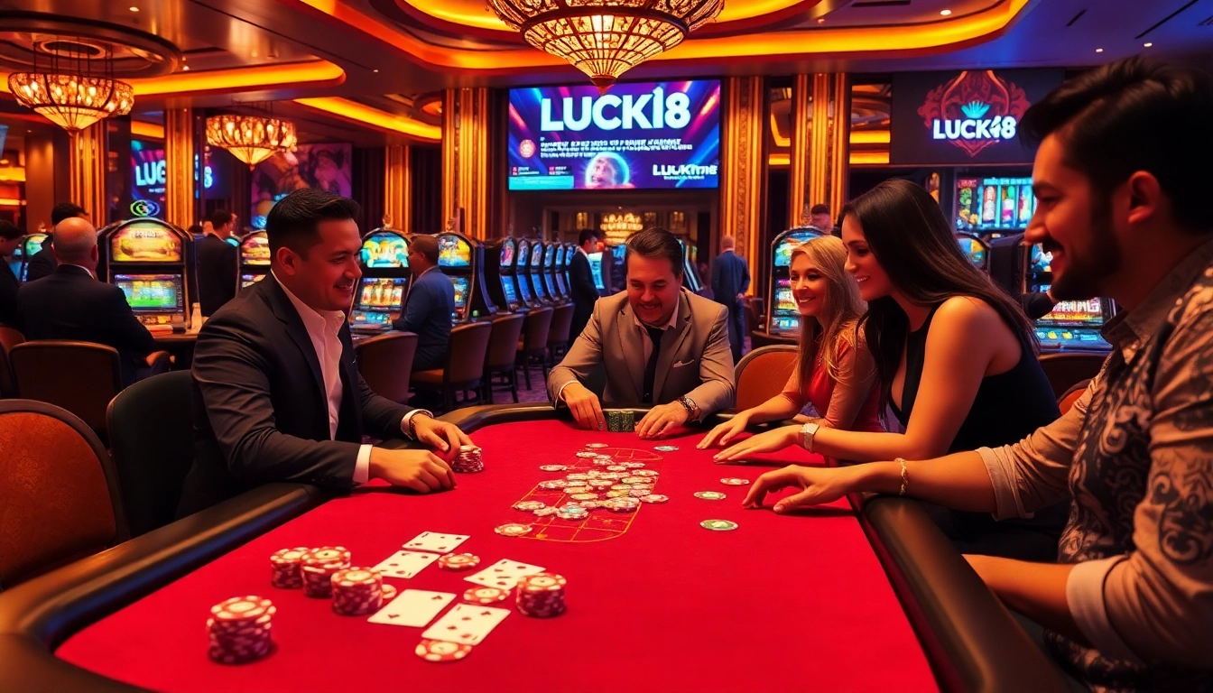 Engage with the excitement of casino strategy at LUCK8 poker table amidst a vibrant gaming atmosphere.