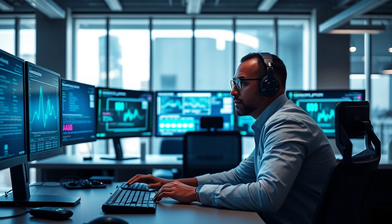 Cyberdan cybersecurity analyst focused on threat monitoring in a modern office.