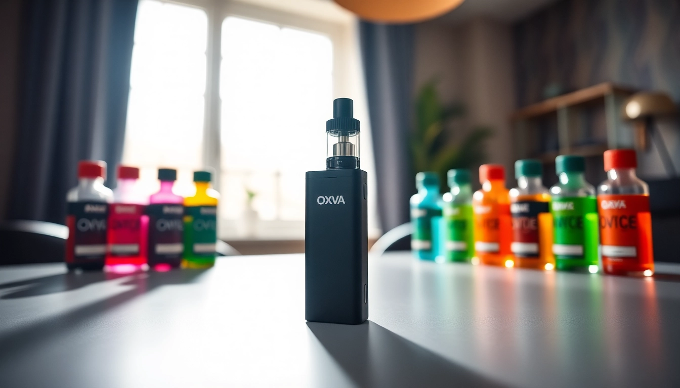 Genießen Sie die Oxva, eine elegante Vape-Device mit leuchtenden E-Liquids im Hintergrund.