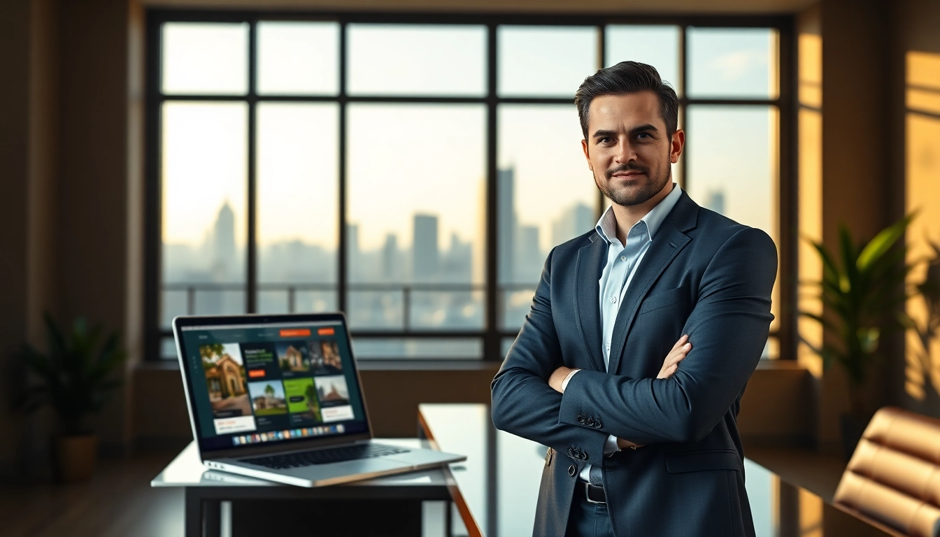 Showcasing a professional real estate agent in an office representing Real Estate opportunities.