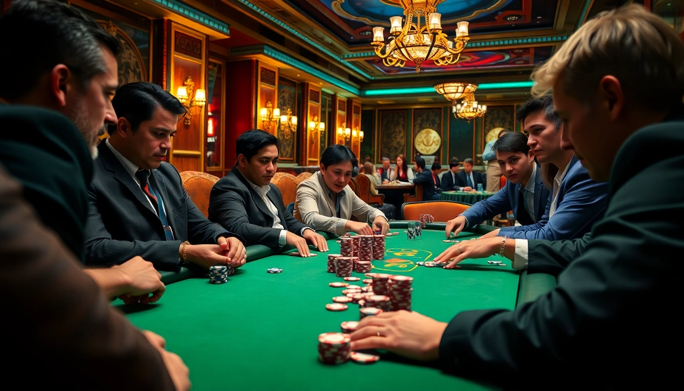 8win poker enthusiasts engaged in an intense game at a luxury casino table.