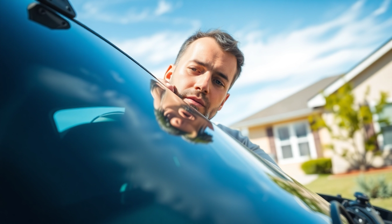 Efficient mobile auto glass service Denver by a skilled technician replacing a windshield.