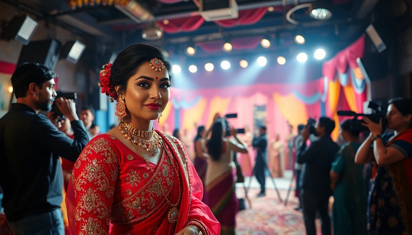 Explore artistic representation of a vibrant Bollywood film set at https://theopinionatedindian.com showcasing actors and crew.