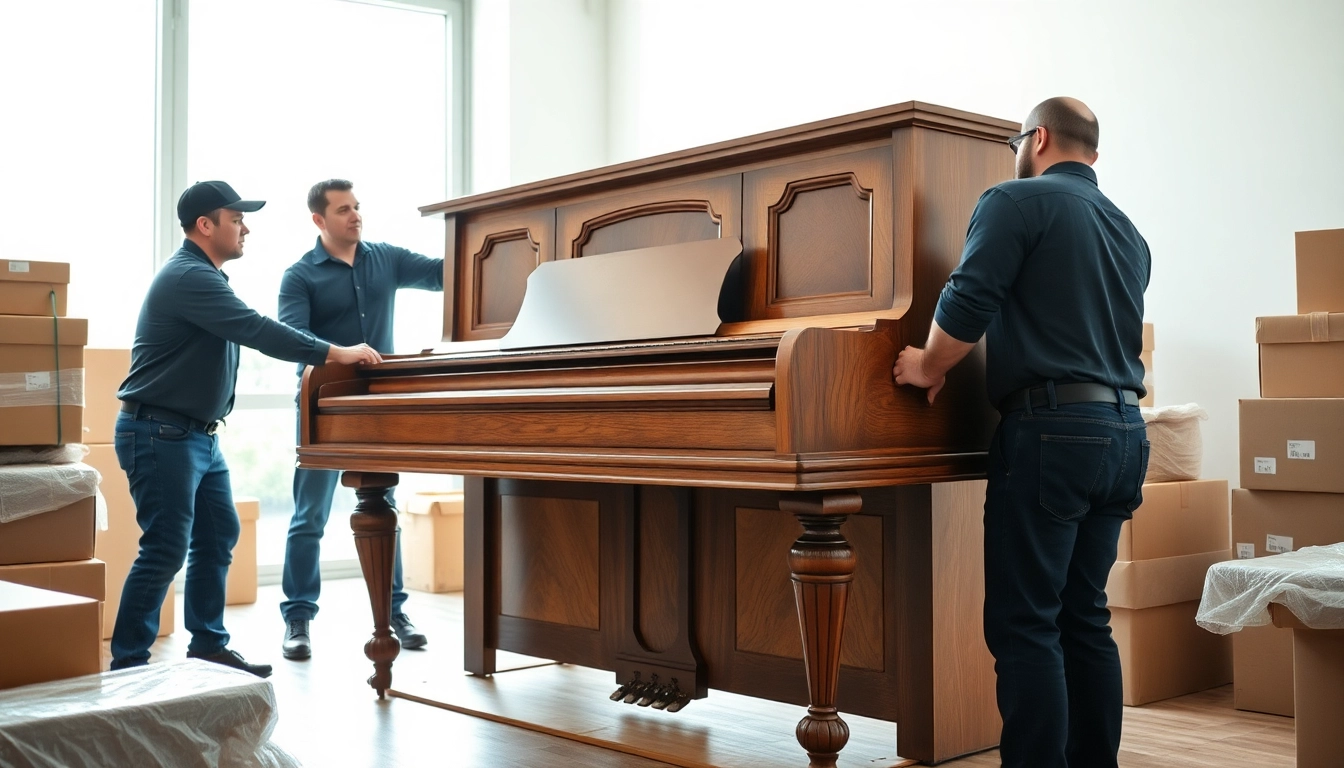 Specialty moving company team safely transporting an antique piano with care and precision.