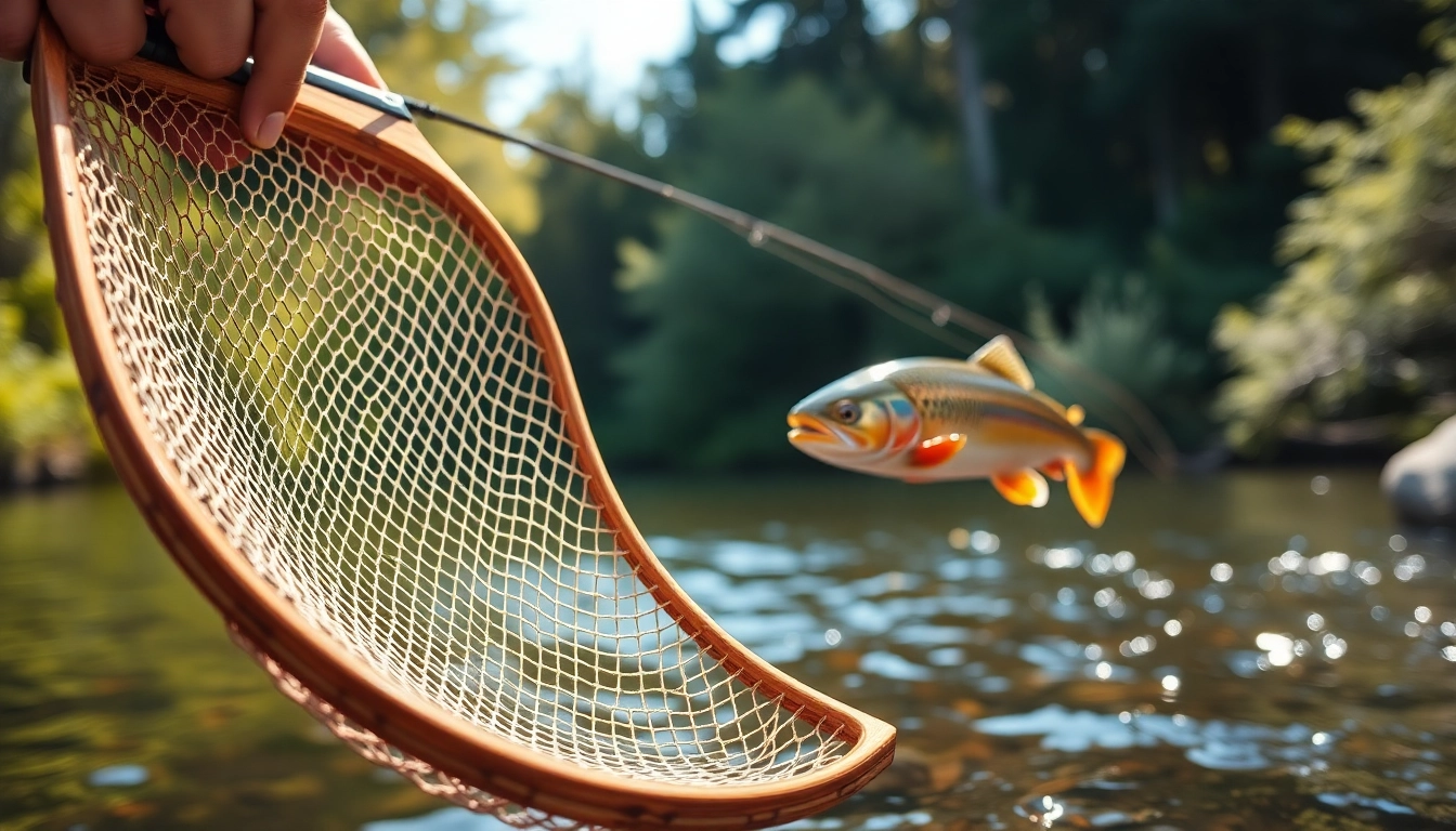 Capture of a fisherman using a fly fishing net to land a fish in a serene river.