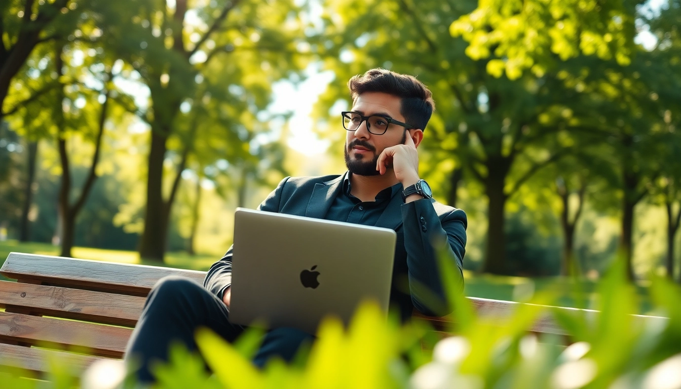 Encouraging an entrepreneurs break for strategy and creativity in a tranquil green park.