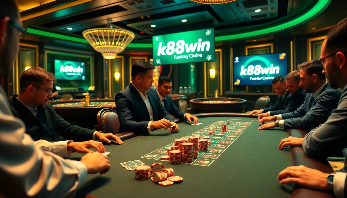 Players enjoying an intense poker game at a k88win casino table, showcasing the thrill of gambling.