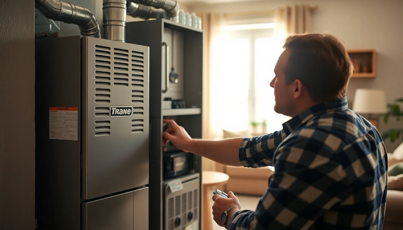 Trane furnace dealer technician installing a furnace in a cozy home environment.
