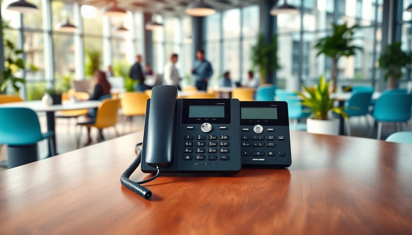 Showcasing a business phone setup with modern VoIP devices in a vibrant office.