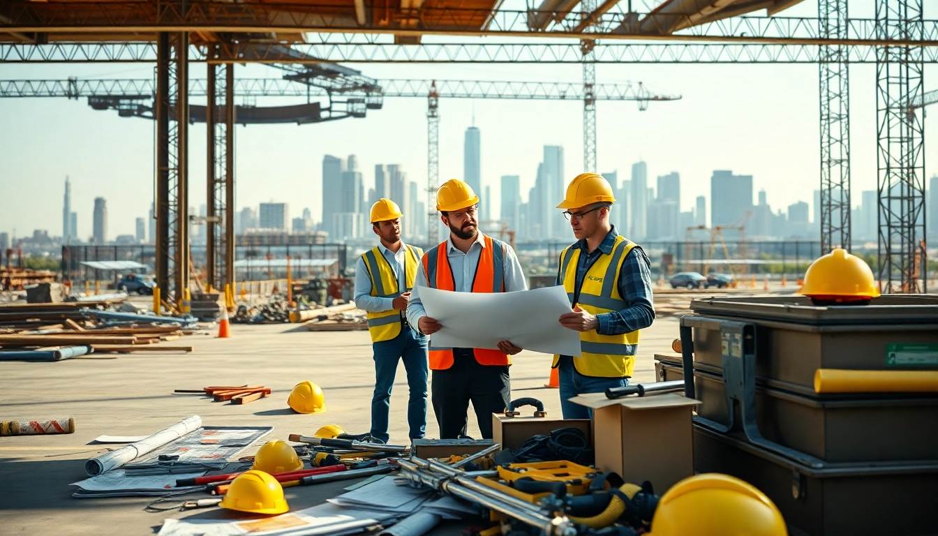 Engineers collaborating on construction plans at a vibrant construction association site.