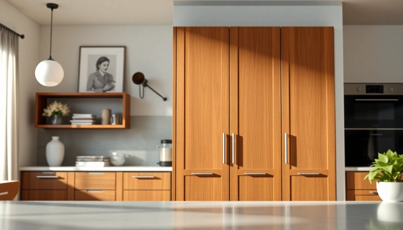 Showcase of a custom cabinet enhancing a modern kitchen with rich wood finishes.