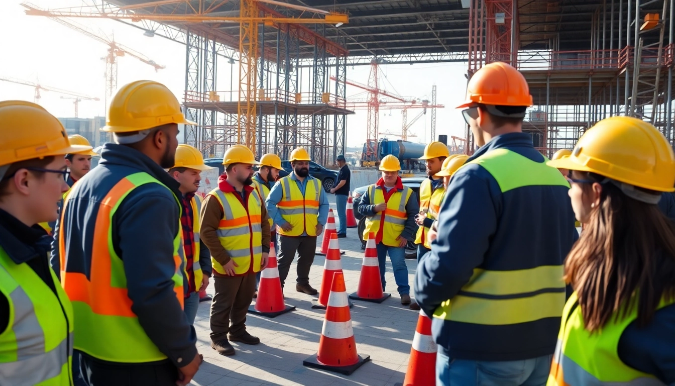 Construction safety training session with diverse workers practicing safety drills outdoors.