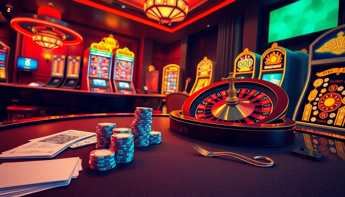 Exciting casino ambiance showcasing the trang chủ nova88 online gambling interface with poker chips, cards, and a roulette wheel.