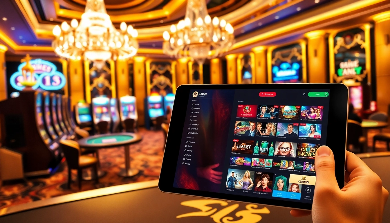 Joueurs engagés dans un casino en ligne avec des tables luxueuses et des machines à sous vibrantes.