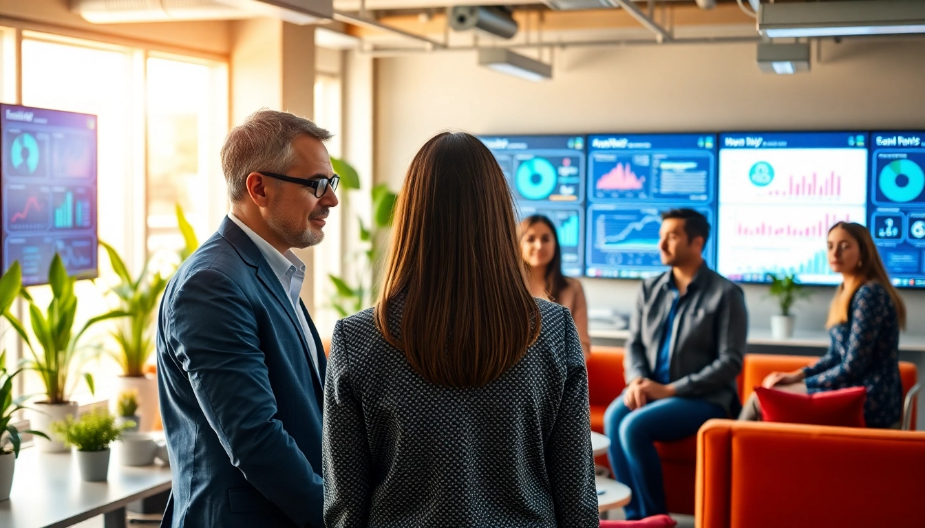 Enterprise AI assistant engaging with a team in a modern office, showcasing collaboration.