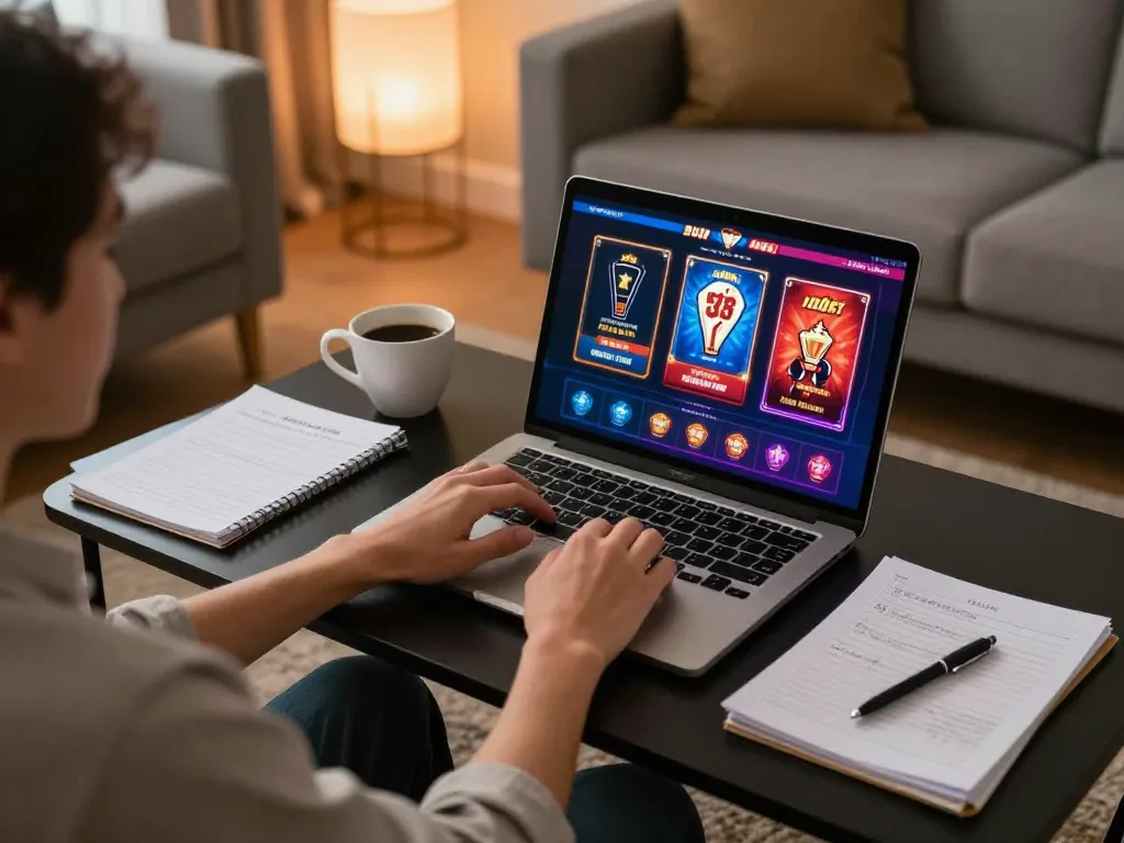 Engaging in online gaming at home with g28 com on laptop, showcasing poker and slot games.