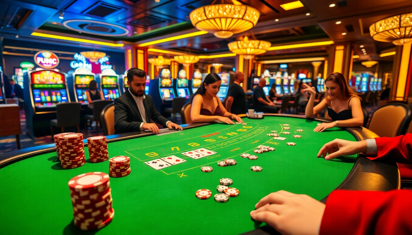 Players engaged in an exciting blackjack game at https://whycazino.com/, showcasing poker chips and vibrant casino lights.