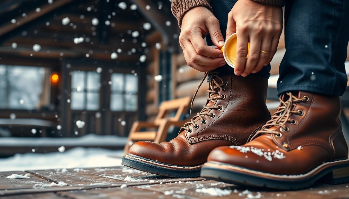 How to waterproof leather boots for winter shows the process with hands applying wax in cozy winter setting.
