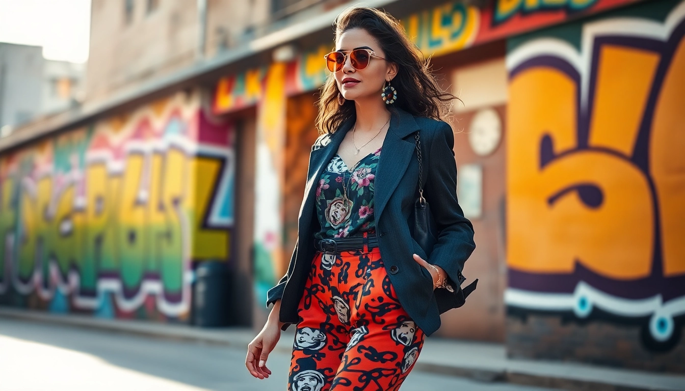 Fashion-forward woman confidently displaying modern outfit in a vibrant urban setting.
