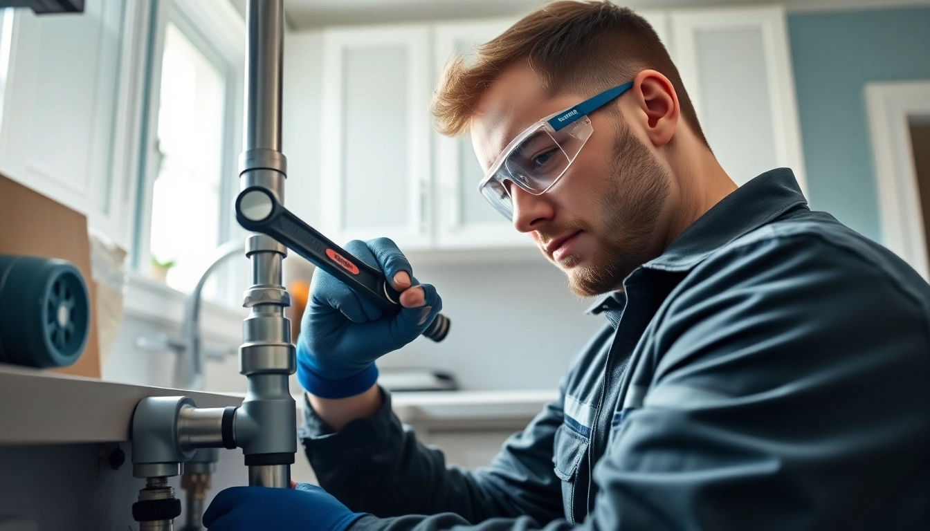 Find a reliable Plumber near me fixing plumbing issues in a clean residential kitchen.