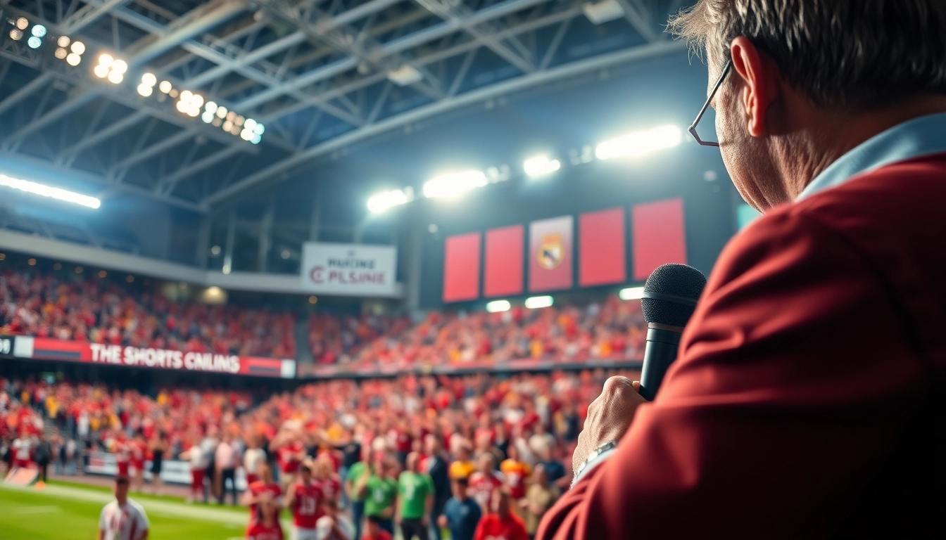 Engaging scene of sports broadcasting showcasing a professional announcer at a stadium.