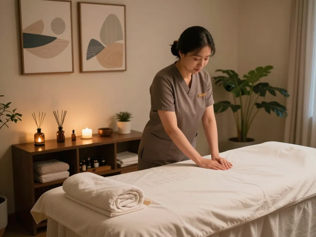 Experience a calming Samsung-dong massage therapy scene with a therapist preparing a soothing environment.