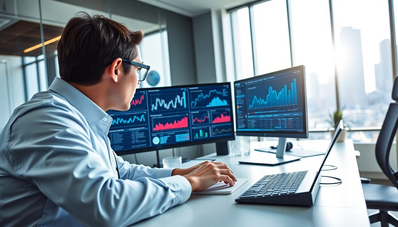 AI for competitive intelligence showcased through a data analyst working in a modern office.